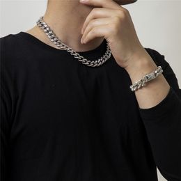 Hip Hop Iced Out Rhinestones Cuban Chain Choker Necklace Gold Colour Crystal Bling Rapper Bracelets for Men Jewellery Set