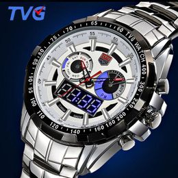 Sport Mens Watches Quartz Dual Movement Led Display Full Steel Watch Waterproof Fashion Sapphire Military Men Clock Wristwatches