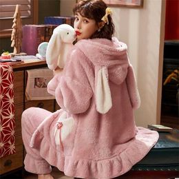 QWEEK Loungewear Women Autumn Winter Pajama Set Thicken Coral Fleece Pijamas Home Clothes Kawaii Bunny Hooded Pyjama Pocket 211215