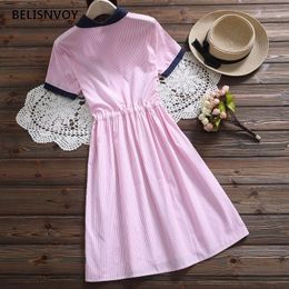 Special offer Japanese Mori Girl Women Dresses Striped Cat Embroidery Shirt Dress Short Sleeve Elegant Cute Kawaii Vestidos 2105202401