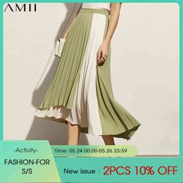 Minimalism Summer Women's Shirt Fashion Patchwork Aline Pleated Female Skirt Causal Calf-length Dress 12170024 210527