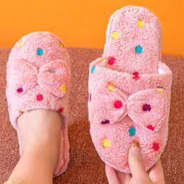 Cotton Slippers for Home Women's Flip-Flops Fashion Bow Fur Winter Warm Non-Slip Floor Shoes Female qq814 210625