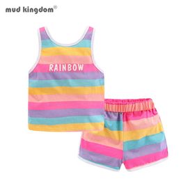 Mudkingdom Toddlers Kids Baby Girl Clothes Summer Sets Sleeveless Rainbow Striped Lovely Letter Pattern Casual Set 210615