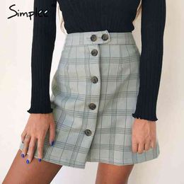 Plaid front buttom mini A-line high waist bodycon pencil skirt Short skirts autumn winter women casual 210414