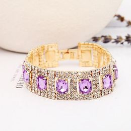 Link, Chain Gold Colour Bracelets For Women Crystal Rhinestone Tennis Link Bangles Wedding Bridal Jewellery B021