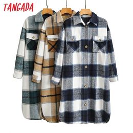 Tangada Autumn Winter Women green plaid Long Coat Jacket Casual Warm Overcoat Fashion Long Coats AI35 211110