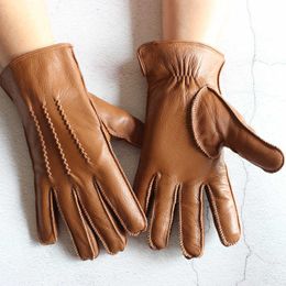 New Men's Buckskin Fashion Velvet Lining Warm Outer Seam Genuine Leather Gloves Outdoor Riding Champagne Gloves H1022