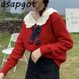 Japan Style Chic Bow Peter Pan Collar Pullovers Sweaters&Jumpers Sweet Autumn Pull Femme Retro Solid Red Knitted Top Fashion 210610