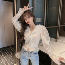 Spring Summer Women Sexy Perspective Embroidery Lace Elegant Female White V Neck Puff Sleeve Ruffle Tops Korean Blusas 210514