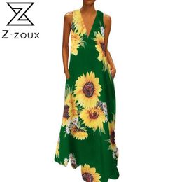 Women Dress Deep V Neck Sleeveless Bohemia Sexy Long Print Floral Maxi es Sunflower Printed es 210524