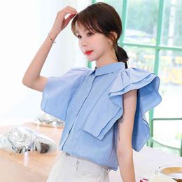 Women Shirts Ruffled Solid Ladies Tops Summer Korean-Style Cotton Loose Female Camisas Mujer Blouses 80F 210420