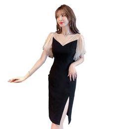 Fashion dresses for women V-neck beaded hip skirt black split short-sleeved dress fashion clothing 210520