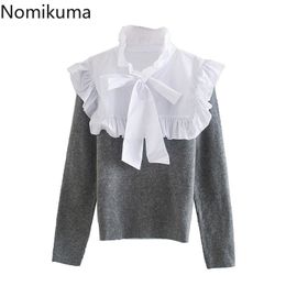 Nomikuma Contrast Colour Ruffle Patchwork Women Sweater Sweet Bow Tie Turtleneck Knitted Tops Autumn Winter Pull Femme 6C955 210427