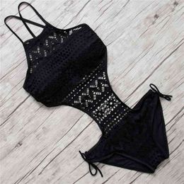 Sexy Swimsuit Backless Halter Beach Swimwear Crochet Bikini Bathing Suit Black Swimming For Women 210702