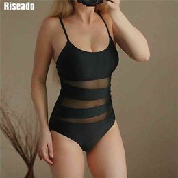 Riseado Vintage Swimsuit Mesh Swimwear Women Black Bathing Suit Strap Beachwear Swimming Suits for XXL 210702