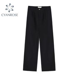 Wide Leg Pants Women Pure Button Korean Style Loose Leisure High Waists Female Summer Long Daily Trousers Causal Pant Lady 210515