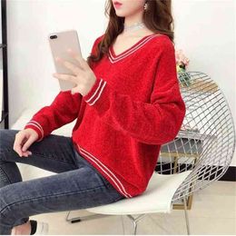 Sweater Women's Pullover Autumn & Winter Korean-style Style Loose-Fit Versatile V-neck Mixed Colors Tops 210427
