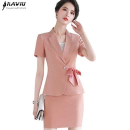 Temperament Women Formal Suit Fashion Slim Short Sleeve Bow Blazer and Skirt Office Ladies Work Wear 210604