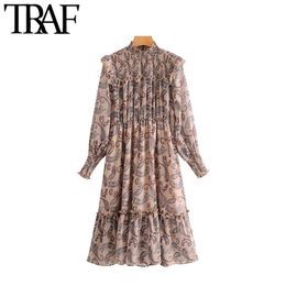 TRAF Women Vintage Elegant Paisley Print Ruffles Midi Dress Fashion Long Sleeve Elastic Waist Female Dresses Vestidos Mujer 210415