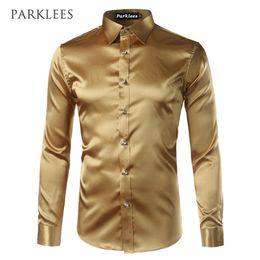 Gold Silk Satin Shirt Men Chemise Homme Fashion Mens Slim Fit Long Sleeve Emulation Button Down Dress Red 210809