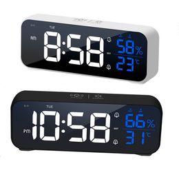 LED Music Alarm Clock Temperature Humidity Voice Control/Alaways On Table Dual Wall Rechargeable Digital s 220311