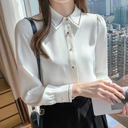 Korean Shirt Chiffon Blouses Long Sleeve Office Lady White Plus Size Woman Embroidery 210604