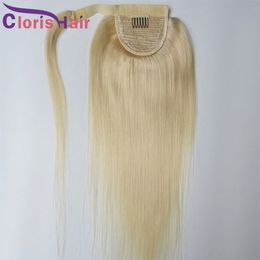 Thick Platinum Blonde Ponytail Extensions Wrap Around Human Hair Clip Ins #613 Long Straight Brazilian Virgin Natural Pony Tail Hairpiece