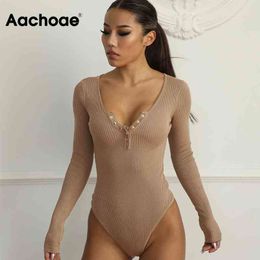 Solid Knitted Bodycon Bodysuits Women Long Sleeve Home Jumpsuit Lady Sheath Sexy Body Suit Spring Combinaison Femme 210413