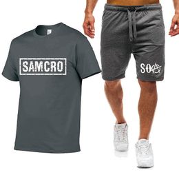 Summer Solid Colour Men's short sleeve SOA Sons of Anarchy Printing high quality Pure cotton Men's T-shirt+shorts 2-piece set X0610