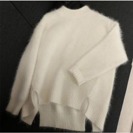 Autumn Winter women mohair knitting sweaters O-neck hairy korean sweet pink white sweater pullovers 210421