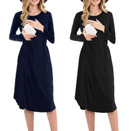 Pregnant Women Clothes Solid Colour Nursing Clothing Long-sleeved Waist Dress Convenient breastfeeding Breathable pregnancy Q0713