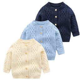 Baby Knitted Boys Girls Toddler Solid Sweater Handmade Infant Single Breasted Cardigan Kids born Clothes 210417