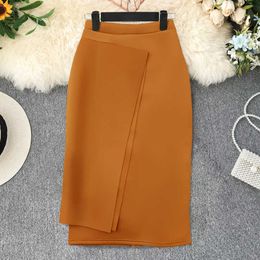 Sheath Office Ladies Skirt with Slit Elegant Jupe Faldas Saias Asymetrical Empire Waist Kahaki Colour Solid Black Bodycon XL 210527