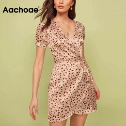 Aachoae Elegant Floral Print Party Dress Summer Women V Neck Wrap Mini Dress Short Sleeve Vintage Boho Dresses With Headband 210413