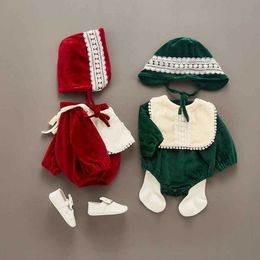 Baby Velvet Romper Girl Long Sleeve Bodysuit Hat Children Boutique Clothing Infant Spanish Jumpsuits born Rompers 210615