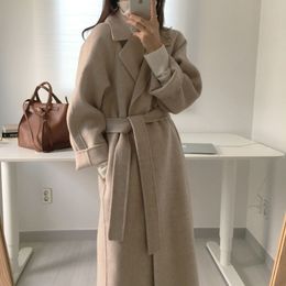 Women Elegant Wool Coat Solid Colour Autumn Winter Office Ladies Long Sleeve Notched Loose Pocket Chic Outerwear With Belt 210416