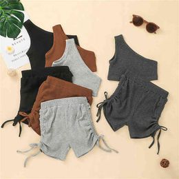 Baby Girls Casual Outfits Solid Color Oblique Shoulder Crop Tops and Elastic Waist Ruched Drawstring Shorts Ribbed Slim Fit 2PCS G220217