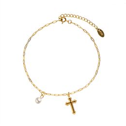 Punk Style Gold Color Cross Chain Anklets For Women 2021 Trendy Stainless Steel Foot Ankle Bracelet Beach Jewelry With Pearl