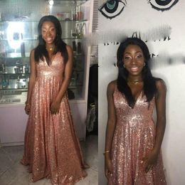 Sparkly Rose Gold Sequins Prom Dresses V Neck Floor Length Sleeveless Custom Made Plus Size Evening Dress Party Gown Formal Occasion vestidos M28