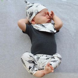 Clothing Sets Infant Toddler Summer Baby Boys Girls Outfits Set Short Sleeve Grey Tops+Leaf Print Pants+Hat+Bibs 4Pcs Born Clothes