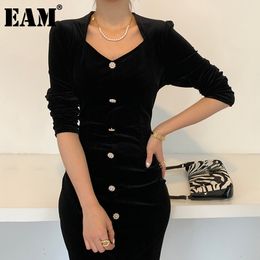[EAM] Women Button Decoration Velvet Black Elegant Dress V-Neck Long Sleeve Loose Fit Fashion Spring Autumn 1DD3345 21512