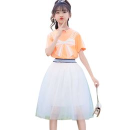 Teen Girls Clothing Tshirt + Mesh Skirt Girl Clothes Bow Sets Summer Tracksuits For Children 6 8 10 12 14 210528