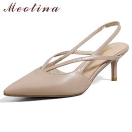 Meotina High Heel Genuine Leather Sandals Women Pointed Toe Shoes Shallow Stiletto Heels Party Footwear Spring Summer Apricot 40 210520