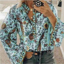 Boho Blouse Floral Print Lantern Sleeve Shirt Sexy Lace-up Tassel O Neck Women Tops Spring Summer Chic Blouses 5XL 210719