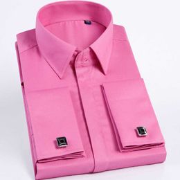 Quality Pink Men French Cufflinks Shirt Men's Shirt Long Sleeve Casual Male Brand Shirts Slim Fit French Cuff Dress Shirts P0812