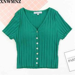 Streetwear V Neck Cropped women Sexy Centre Buttons Crop blouse Harajuku Knitted Women T-shirt Casual Slim 210520