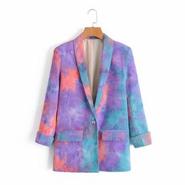 autumn women's mid-length suit jacket Casual retro printed tie-dye ladies blazer Trendy long-sleeved feminine 210527