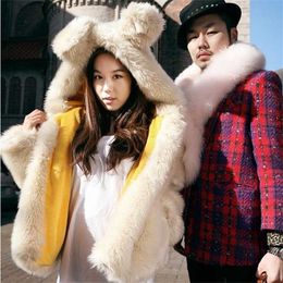 Faux Fur Coat Outwear Jacket Women Cute Hooded Pocket Solid Colour Winter Coat Women Bear Rabbit Fur 211207