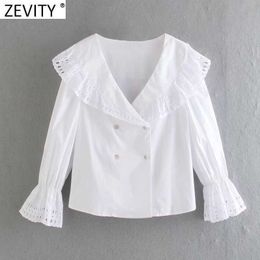 Zevity Women Hollow Out Embroidery Turn Down Collar White Shirt Female Double Breasted Business Blouse Roupas Chic Tops LS9077 210603