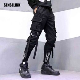 Men's Cargo Pants Hip-Hop Multi-Pocket Jogger Black Streetwear Ribbons Fashion Sweatpants Harem Casual 210715